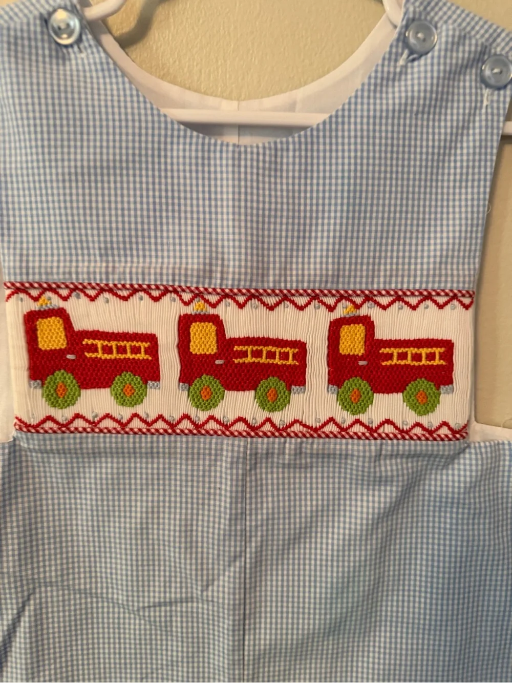 Shrimp & Grits Gingham Firetruck Smocked Jon Jon